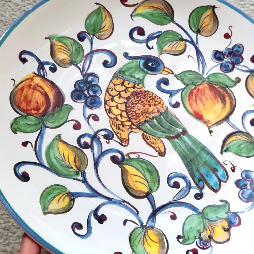 Sur La Table Hand-Painted Bird & Fruit Ceramic Plate — Blue, Green, Yellow